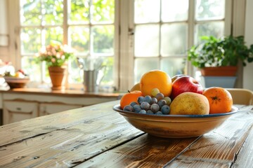 In a kitchen, a bowl of fruit is placed on a wooden table. Generative Ai