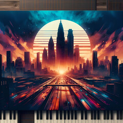 music track cover, city view