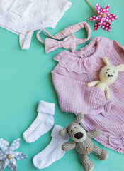 Set of pink clothes and accessories for newborn baby. Knitted toys rabbit and dog, romper, socks and handband