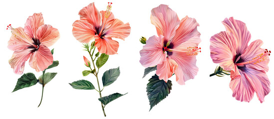 Collection of Hibiscus flower single stem clipart watercolor isolated on transparent or white backgroud png cutout clipping path