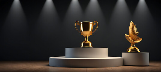 gold trophy cup on black background