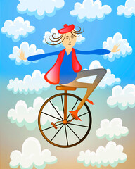 Circus unicycle with a cartoon character on it.
Illustration of smooth riding and balance on a bicycle on the clouds.