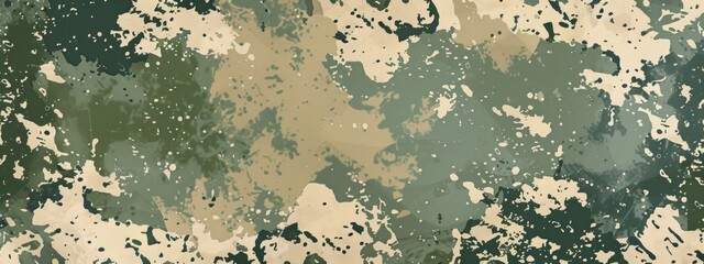A camouflage pattern with an olive green and beige color scheme, incorporating various shapes of military equipment such as guns, soldiers' pieces.