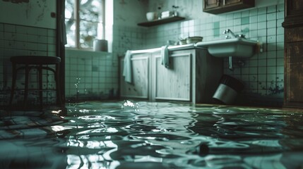 Abandoned Bathroom with Flooded Floor and Vintage Decor