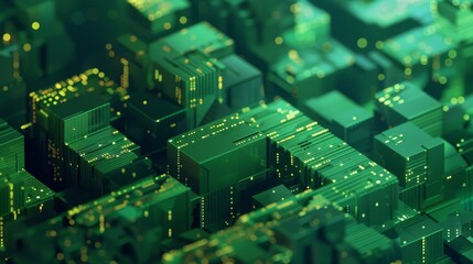 Obraz premium A green cityscape with buildings and lights