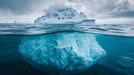 An iceberg with the bottom half submerged in dark blue water and top part above it showing white ice. 