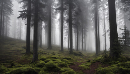 Amazing mystical rising fog forest scenario