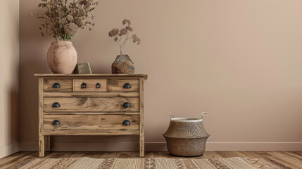 Rustic wooden dresser in beige color in a minimalistic interior design decor composition. Copyspace...
