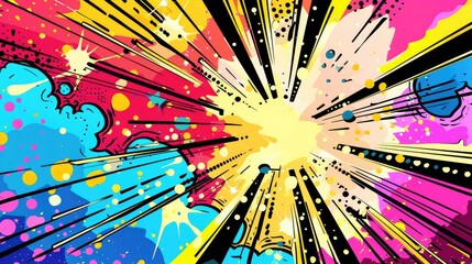 Pop Art style background with vivid, saturated colors and bursts of light.