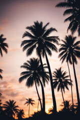 Fototapeta na wymiar Silhouette Tropical Palm Trees At Sunset . Summer Vacation With Vintage Tone And Bokeh Lights