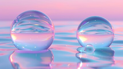 3D render background of two glass spheres on the water surface