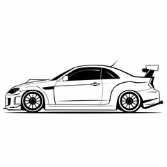 Sleek Tuned Concept of Sports Car Line Art, High-Performance Vehicle Illustration for Coloring