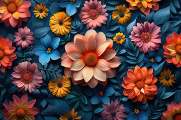  A vibrant and colorful illustration of various flowers in shades of blue, orange, pink, yellow, and red, with detailed leaves and petals. Created with Ai