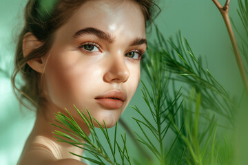 Fototapeta premium Beautiful young woman with clean fresh skin on a color background and nature elements