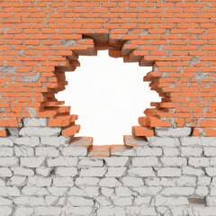 Cracked old brick wall with a hole in the middle, 3D rendering