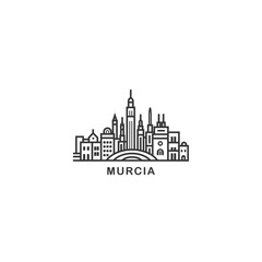 Murcia cityscape skyline city panorama vector flat modern logo icon. Spain, regional town emblem idea with landmarks and building silhouettes. Isolated thin line black graphi