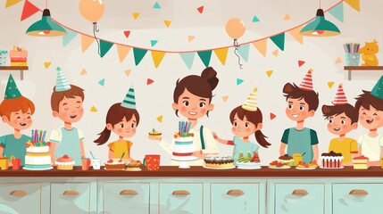 A group of children are celebrating a birthday party with a woman