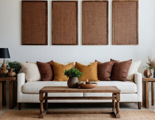 The inviting ambiance of a living room with a rustic coffee table, white sofa, and four decorative poster frames on the wall.
