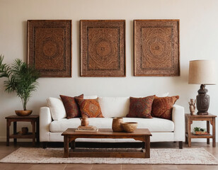 A warm living room ambiance with a rustic coffee table, white sofa, and wall adorned with two poster frames.
