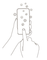 Line art of hand uses smartphone touchscreen with a blank screen and social media interaction icons. technology communication like buttons heart.
