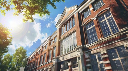 Sunny Day Exterior View of Public School Building - Educational Architecture and Community Concept