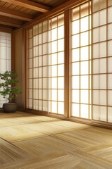 An empty Japanese tatami room with sliding shoji doors, traditional tatami mats, and a tokonoma alcove for displaying artwork or bonsai, Generative AI