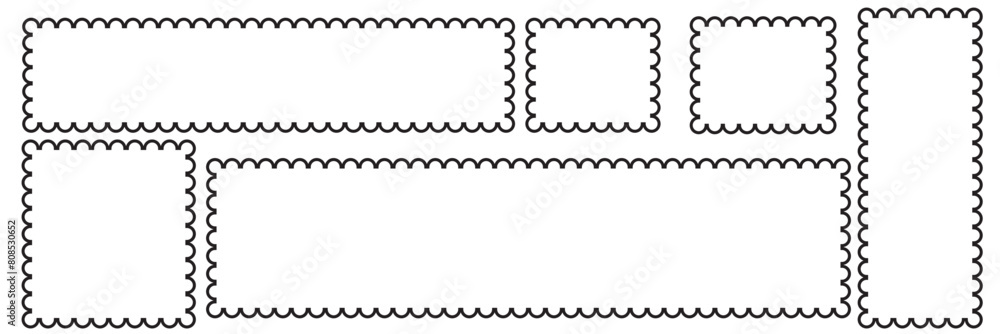 Poster scallop edge shapes, modern brutalism forms. retro wave swiss design elements with frill border. vec