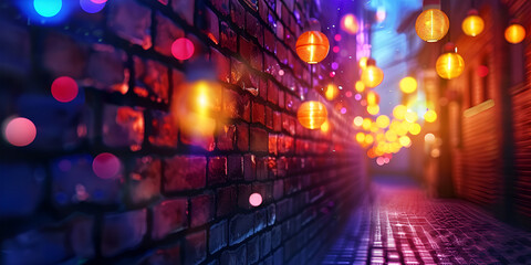 Dark street old brick wall decorated with red lanterns hanging from the ceiling Vibrant streetscapes alive with neon lights