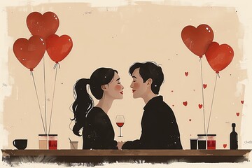 Illustrate a side view of a couple in a romantic comedy