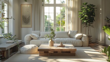 Ultra-detailed 3D rendering of a Scandinavian living room, showcasing a cubic wooden coffee table and white seating arrangement in a bright, natural setting.