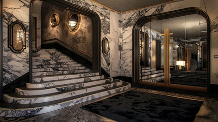 Opulent entryway with a black and white veined marble staircase oversized art deco mirrors and plush black rugs