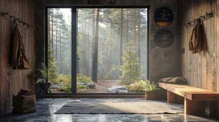 Ultra-detailed 3D rendering of a Scandinavian entryway with a minimalist aesthetic, featuring a black window that frames the early morning forest mist.