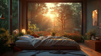 Ultra-detailed 3D rendering of a Scandinavian bedroom with a chic aesthetic, the black window perfectly framing a tranquil forest bathed in sunset light.