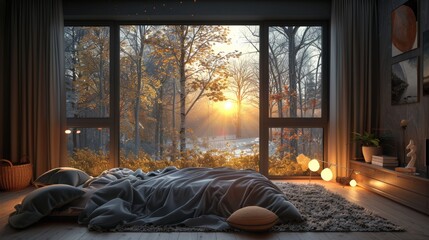 Fototapeta premium Ultra-detailed 3D rendering of a Scandinavian bedroom with a chic aesthetic, the black window perfectly framing a tranquil forest bathed in sunset light.