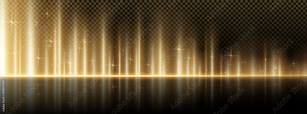 Canvas Prints Vertical gold flare moving bottom to top with reflections on dark transparent background. Realistic vector illustration of bright glowing shine light lines with overlay and magic glitter effect.