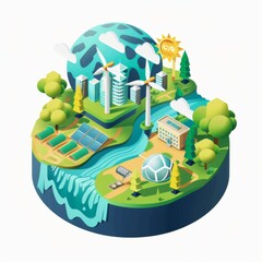 Colorful Isometric Eco-Friendly Urban Landscape with Renewable Energy Sources