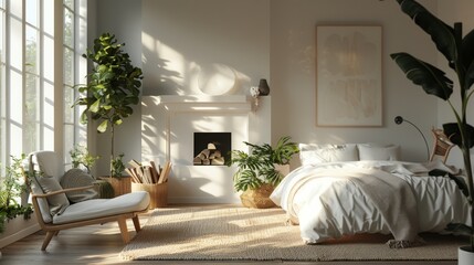 Ultra-detailed 3D rendering of a Scandinavian bedroom designed with minimal decor and a sleek, white fireplace, highlighted by clean, crisp morning light.