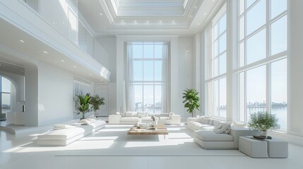 Ultra-detailed 3D rendering of a modern living room with high ceilings, large windows, and a pristine white interior bathed in clear daylight.