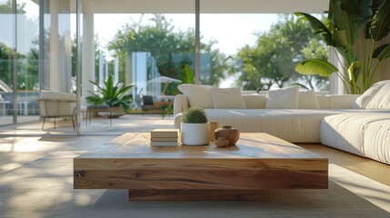 Fototapeta premium Ultra-detailed 3D rendering of a modern, airy living room with a cubic wooden coffee table, white sofa, and armchairs under clear daylight.