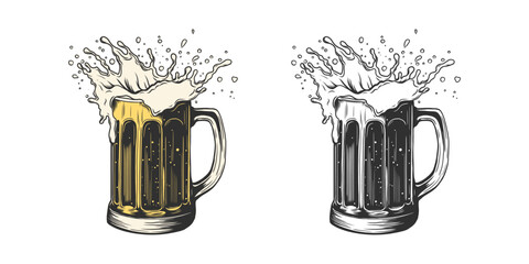 Hand drawn beer mugs full of ale and splashes of foam. Vector illustration isolated on white background.