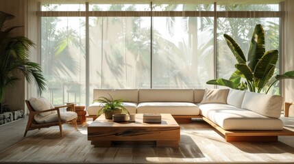 Fototapeta premium Ultra-detailed 3D rendering of a modern, airy living room with a cubic wooden coffee table, white sofa, and armchairs under clear daylight.