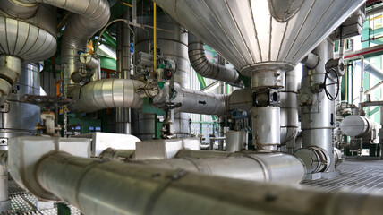 A large industrial pipe system with a lot of valves and pipes