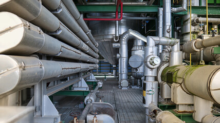 A large industrial pipe system with a lot of pipes and valves