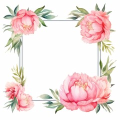 peony themed frame or border for photos and text. watercolor illustration, Perfect for nursery art, simple clipart, single object, white color background. for design card, postcard, textile, flyer.