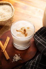 Horchata water. Also known as horchata de arroz, it is one of the traditional fresh waters of Mexico, it is made with rice and cinnamon. Traditionally prepared in a container called Vitrolero.
