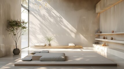 Ultra-detailed 3D rendering of a minimalist bedroom with an open-plan design, featuring floating shelves and sunlight reflecting off white surfaces.
