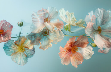 A few pastel-colored flowers floating on a light blue background