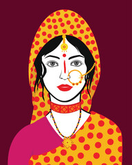 Fashion and Heritage Uttarakhand Traditional and Ethnic Wear Kumaoni Pichodi,Pichoda, wearing woman potrait vector illustration.