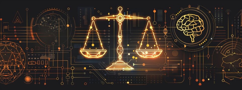Digital technology background with digital scales of justice and AI icons