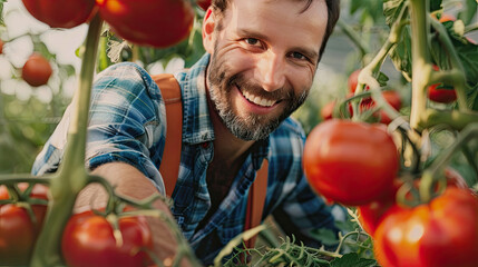 Smiling man collecting ripe tomatoes in a garden - Powered by Adobe